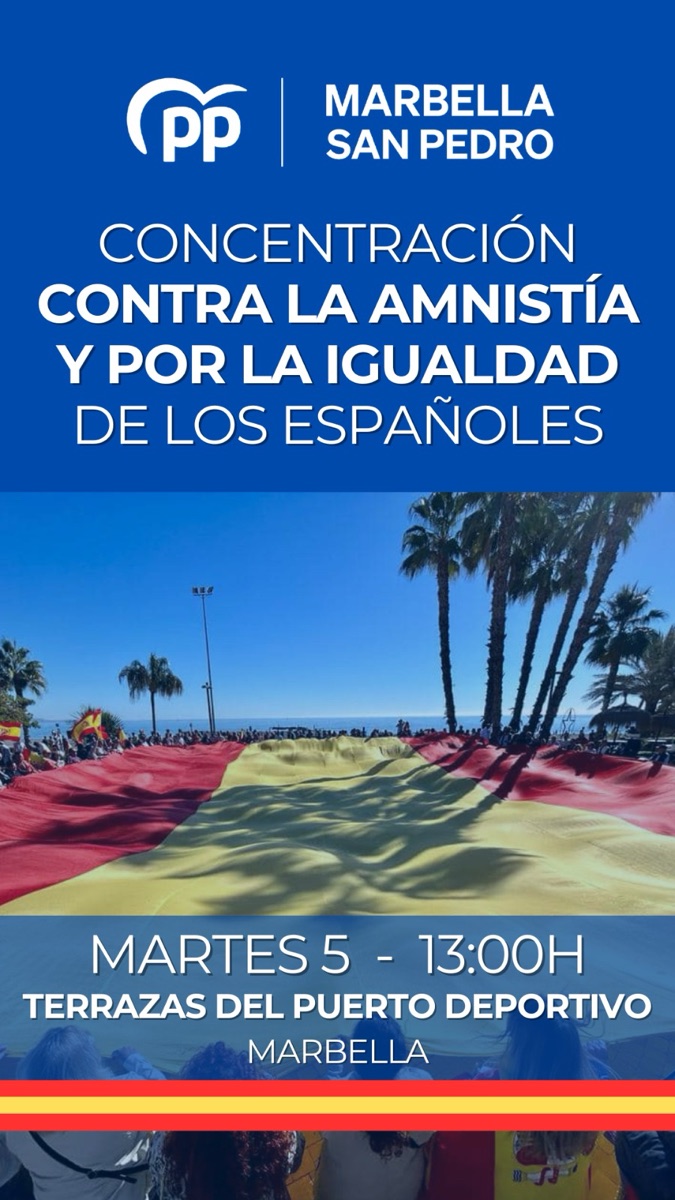El PP de Marbella - San Pedro convoca una concentración en defensa de la igualdad y contra la amnistía mañana 5 de diciembre víspera del día de la Constitución